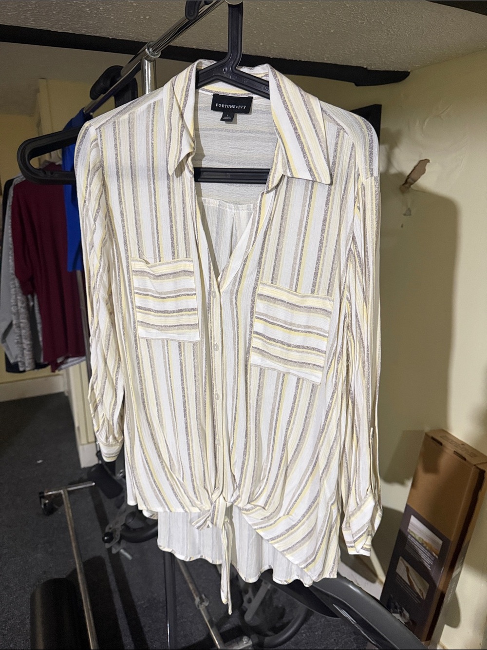 Cream & Yellow Striped Tie-Hem Button Front Top